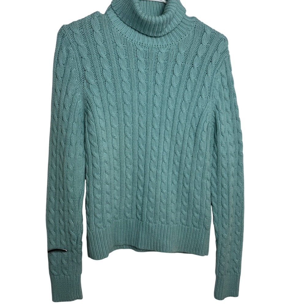 ANN TAYLOR Teal Aqua Blue Cable Knit Turtleneck Sweater Medium Chunky